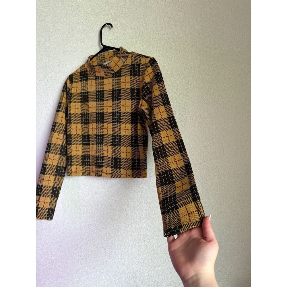Mango MNG Yellow Black Plaid Mock Neck Long Sleeve Knit Crop Top Large - Picture 4 of 4